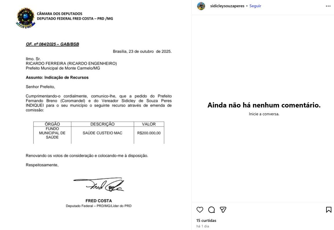Foto: Fonte instagram do vereador Sidicley Souza Peres