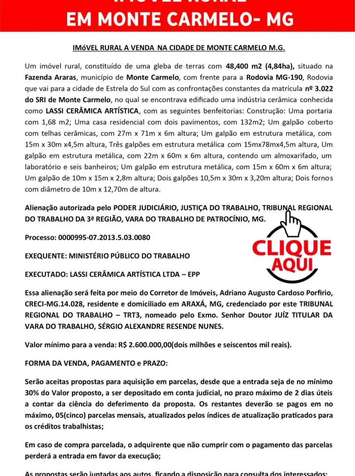 IMÓVEL RURAL A VENDA NA CIDADE DE MONTE CARMELO M.G.